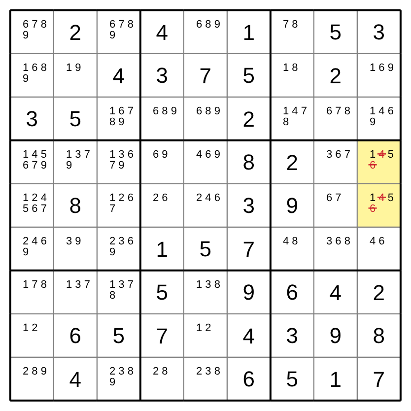A classic 9×9 board with candidates. In the middle-right box, two cells in the rightmost column are highlighted. Each had 1, 4, 5 and 6, and 4 and 6 are struck out of both.
