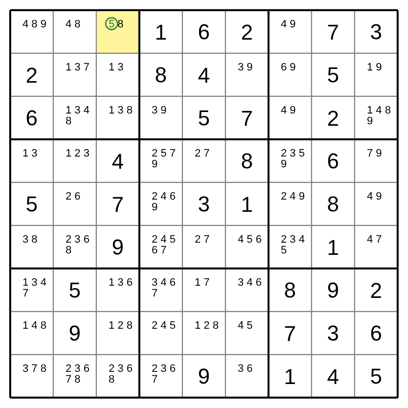 A classic 9×9 board with candidates. In the top row, 5 is a candidate only in the third cell, which is highlighted.