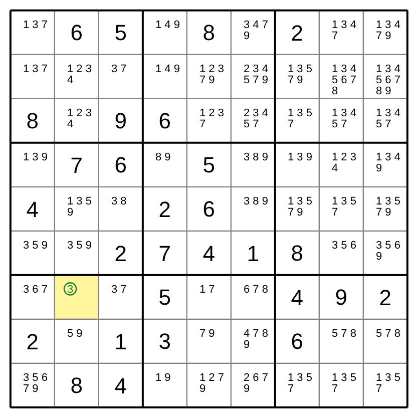 A classic 9×9 board with candidates. A cell in the seventh row, second column, is highlighted with 3 as its only candidate.