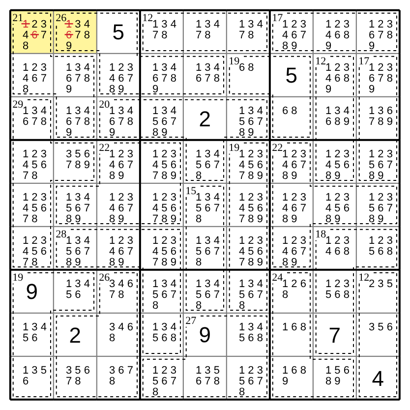A killer sudoku board with candidates. In the top row, the first two cells are highlighted, and 1 and 6 are struck out of both.